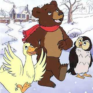 A happy cartoon bear walking happily with a cartoon goose and owl.